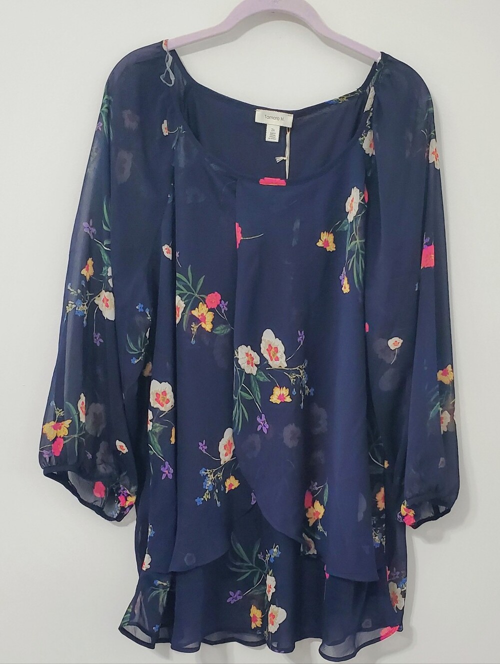 Tamara H Navy Floral Print Tunic Top Women 2X NEW